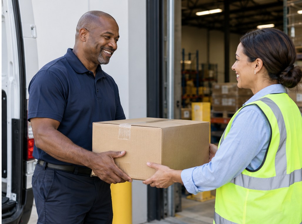 Illustrative professional courier delivering a carton to a customer