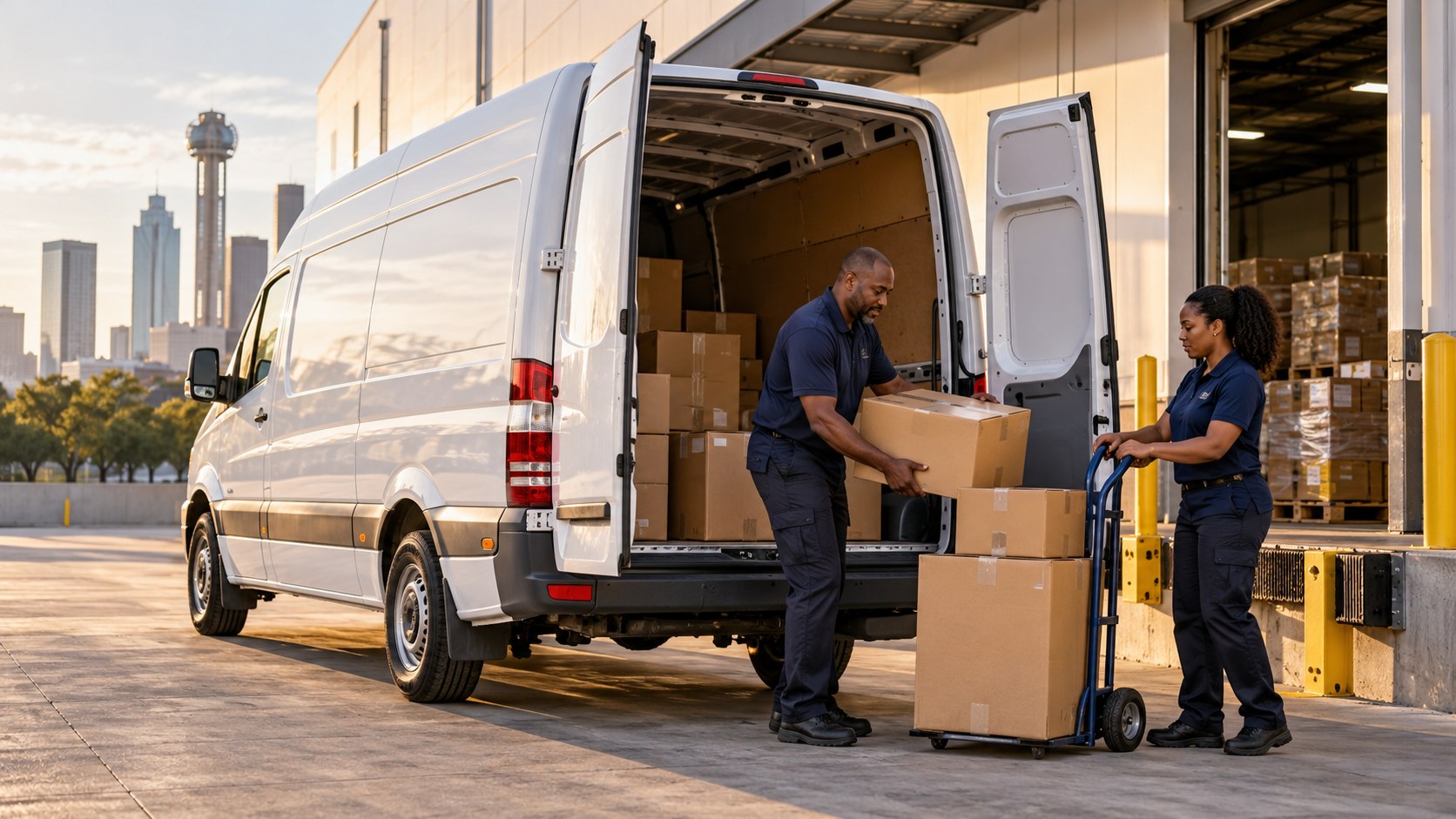 Illustrative image of professional couriers loading a white high roof Sprinter van