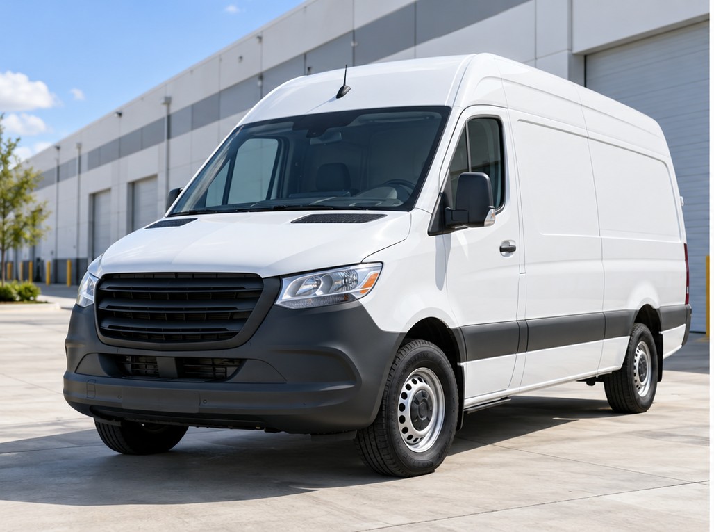 Illustrative white high roof Sprinter van at a business warehouse